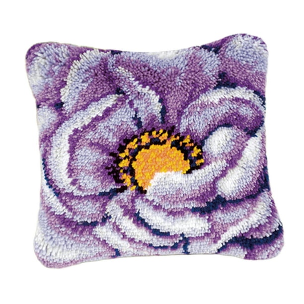 Purple Flower Latch Hook Kit with Basic Tools Pillow Case Cushion Cover DIY